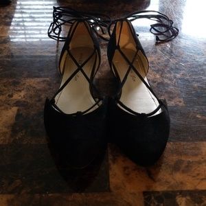 Anne Klein black suede lace up flats